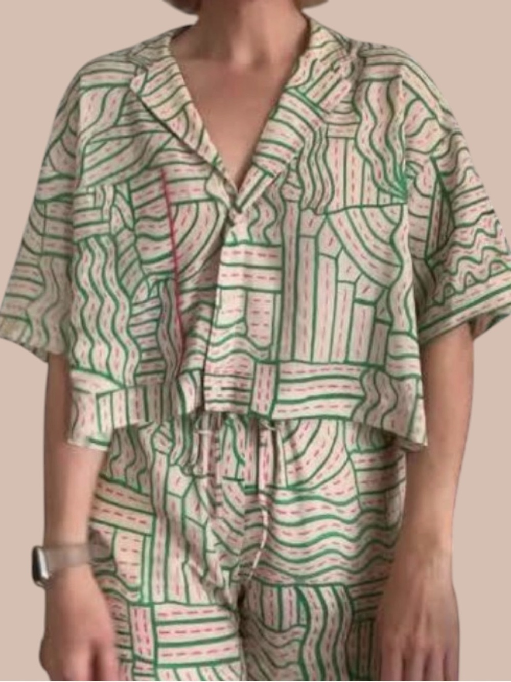 Zara Cream Crop Top with Green & Pink Geometric Print